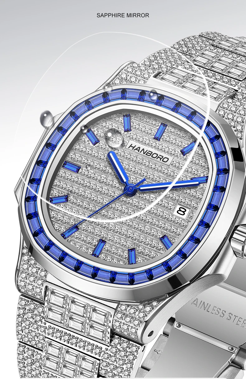 HANBORO Men Automatic Watch 38mm Square Mechanical Wristwatch 50m Waterproof Luminous Sapphire Full Crystal Mioyta 8217