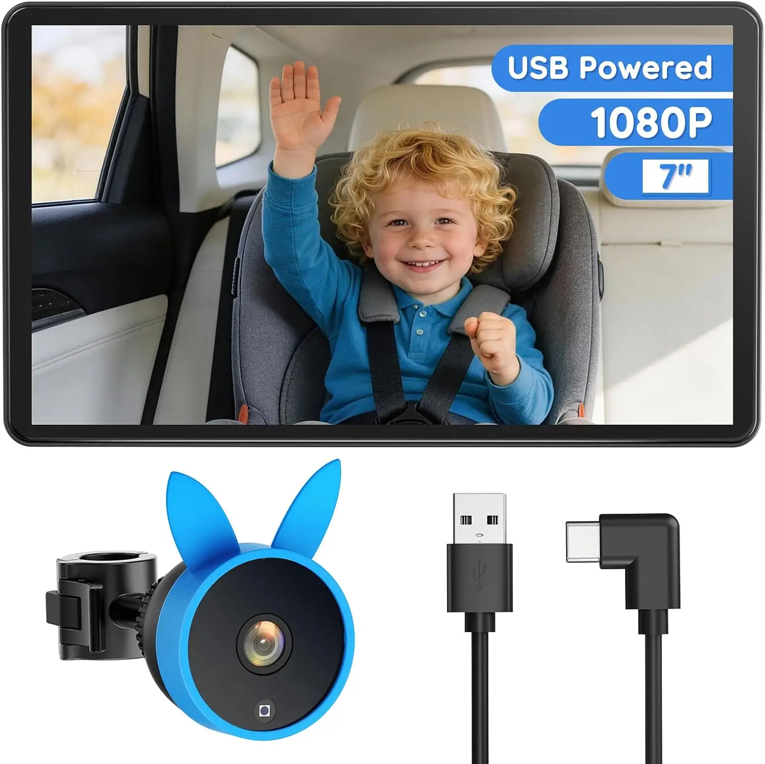 7in IPS 1080P Baby Car Monitor with Auto IR Night Vision, USB Plug & Play for Boys & Pets, Travel Essential