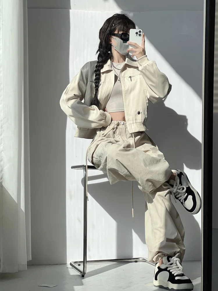 Sweet Cool Motorcycle Style Loose Women's Flight Jacket Outdoor Windbreaker Coat Black Retro Design Short Coat Casual Fashion