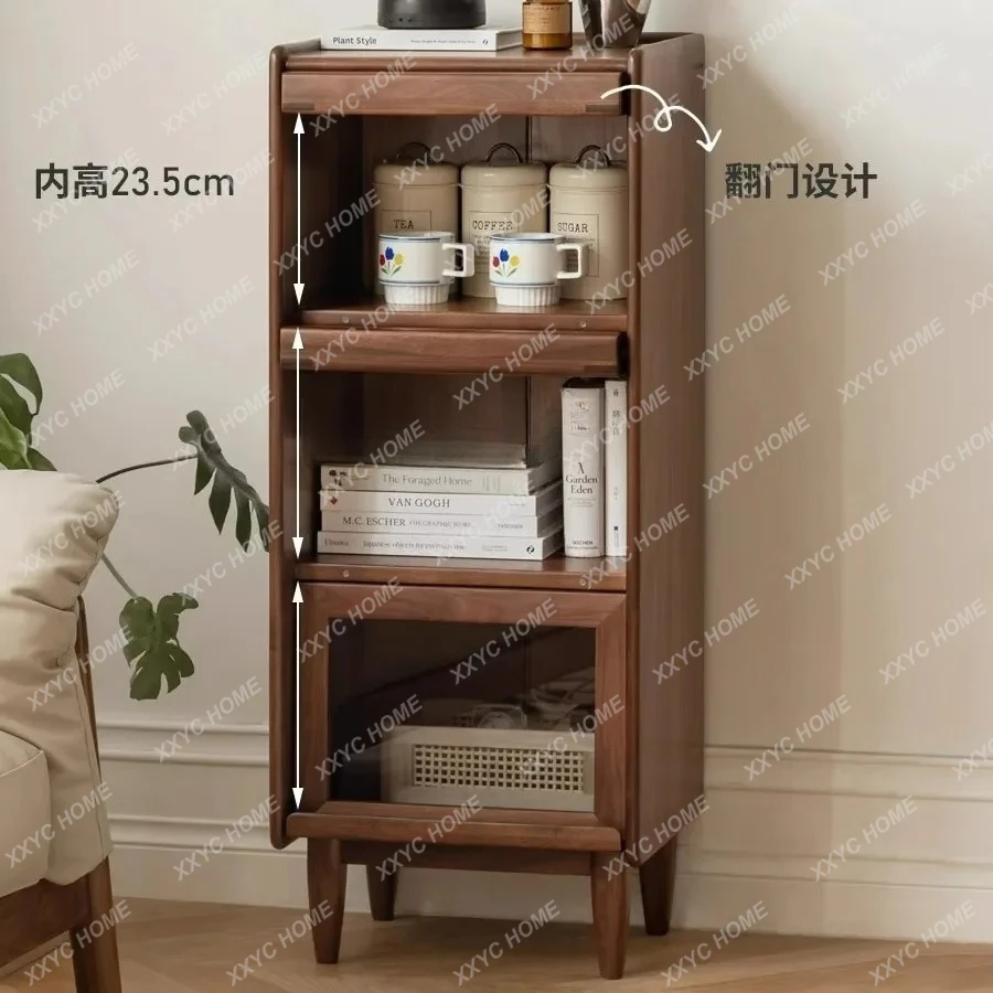 WS Ultra-Narrow Solid Wood Side Cabinet Simple Living Room Glass Flip Door Display Cabinet High-Legged Storage Cabinet for Home