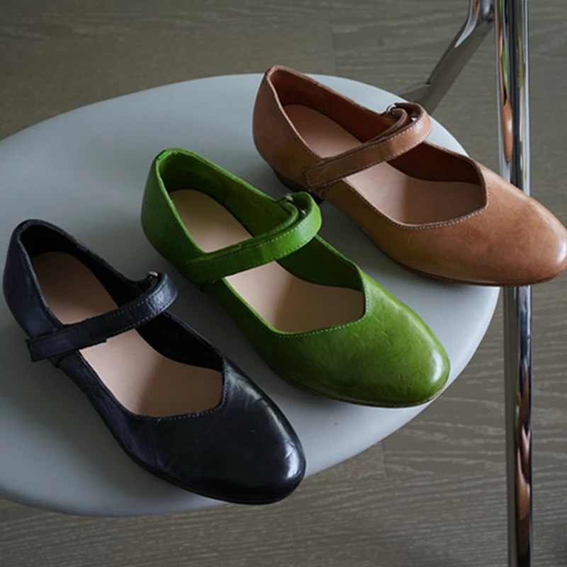

Jenny&Dave French Retro Washed Cowhide Mary Jane Shoes Fashion ELegant 3cm Low Heel Minimalist Summer Sandals Shoes Women