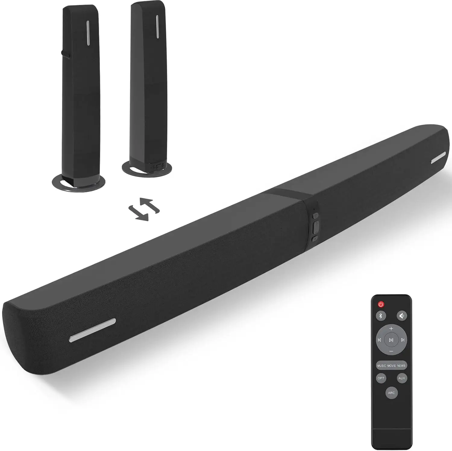 90W Soundbar for TV, Bluetooth/ARC/Optical/AUX, Auto Volume Boost, 3 EQ Modes, Detachable Design