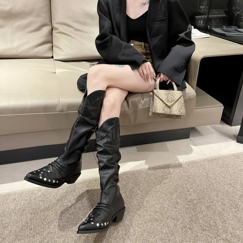 Vintage Western Boots for Women 2023 Autumn Winter Hot Fashion Pointed Toe Roma Mid Calf Boots Embroidery Western Cowgirl Boots