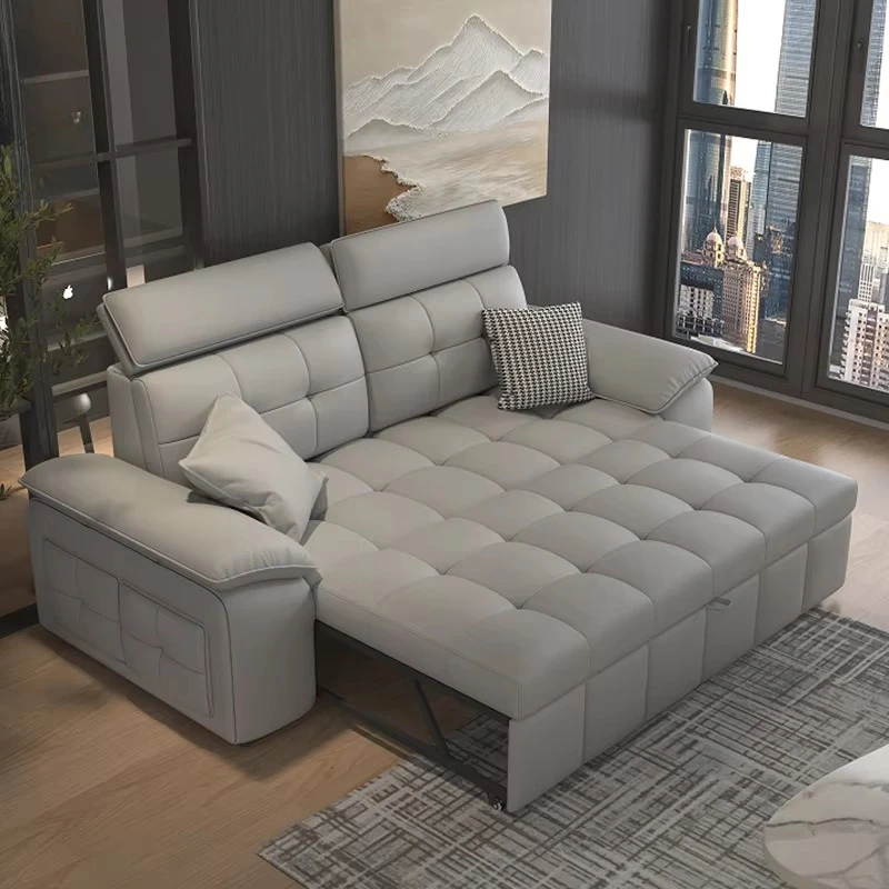 Leather Pull Out Sofa Bed with Hidden Stools Apartment Living Room Sofa Bed High End Brown Modern Sofa Bed Set