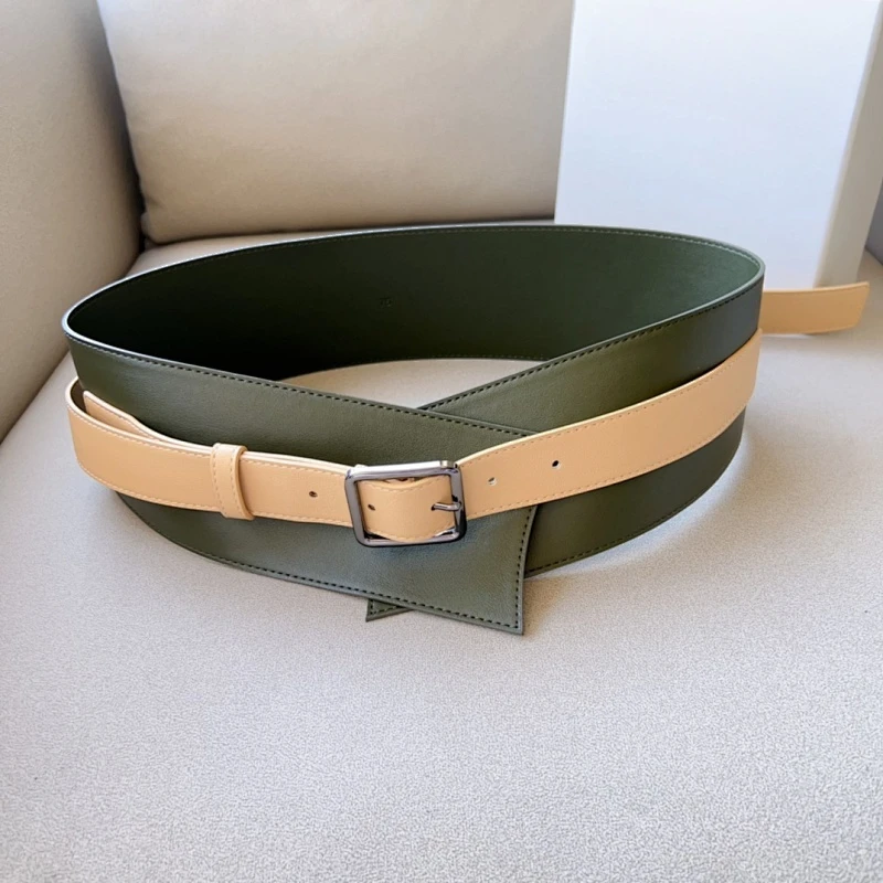 Women Calf Smooth Leather Color Patched Waist Belt Lady Dress Cummerbunds 80mm