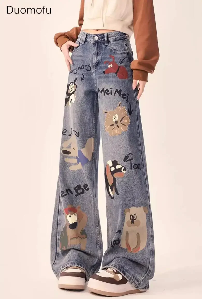 Duomofu 가을 플러시 스타일 세련된 달콤한 낙서 느슨한 여성 청바지 새로운 기본 높은 허리 슬림 캐주얼 스트레이트 패션 여성 청바지