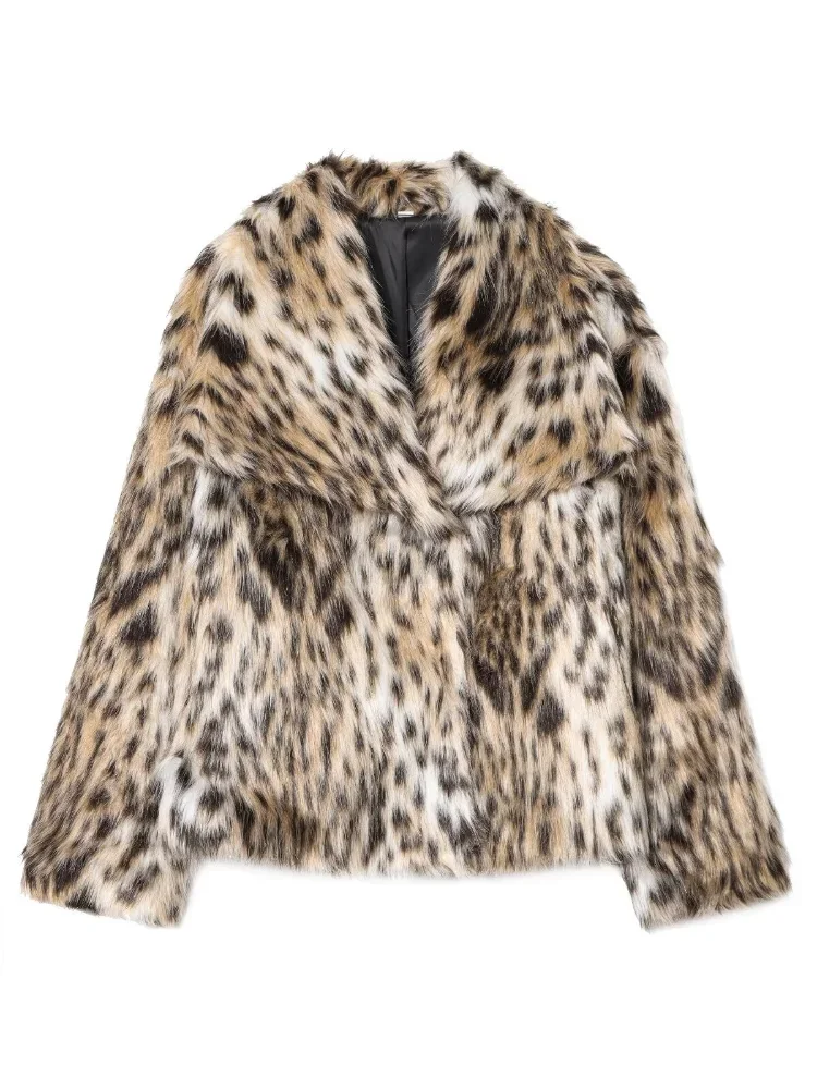 Women Leopard Animal Print Faux Fur Jacket Short Cropped Lapel Collar Spotted Streetwear Leopard Chic 2026 Winter Warm Overcoat