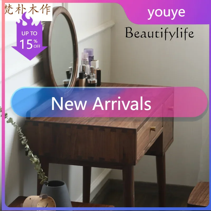 N19 North America Black Walnut Wooden Dressing Table Small Apartment Log Multi-Functional Makeup Table Simple