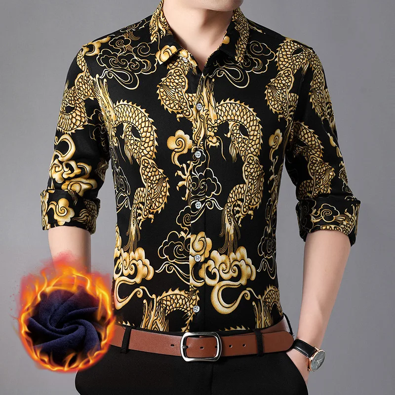 Men's Thickened Fleece Long Sleeve Shirt Casual Loose Floral Print Dragon Pattern Fashionable Inner Wear Shirt Ice Sensation