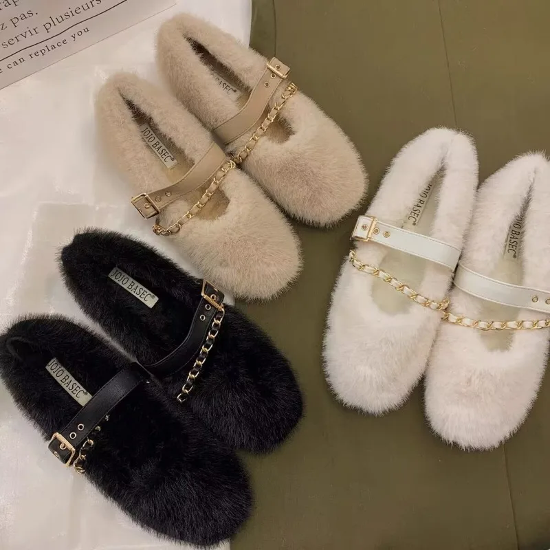 Designer Spring Autumn Women Warm Fur Shoes Fashion Shallow Slip On Ladies Flats Shoes Round Toe Women\'s Mary Jane Shoes