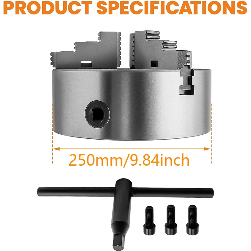 3-Jaw Lathe Chuck, 8'', Self-Centering Lathe Chuck, 0.16-8 in/4-200 mm Clamping Range with T-key Fixing Screws Hexagon Wrench, f