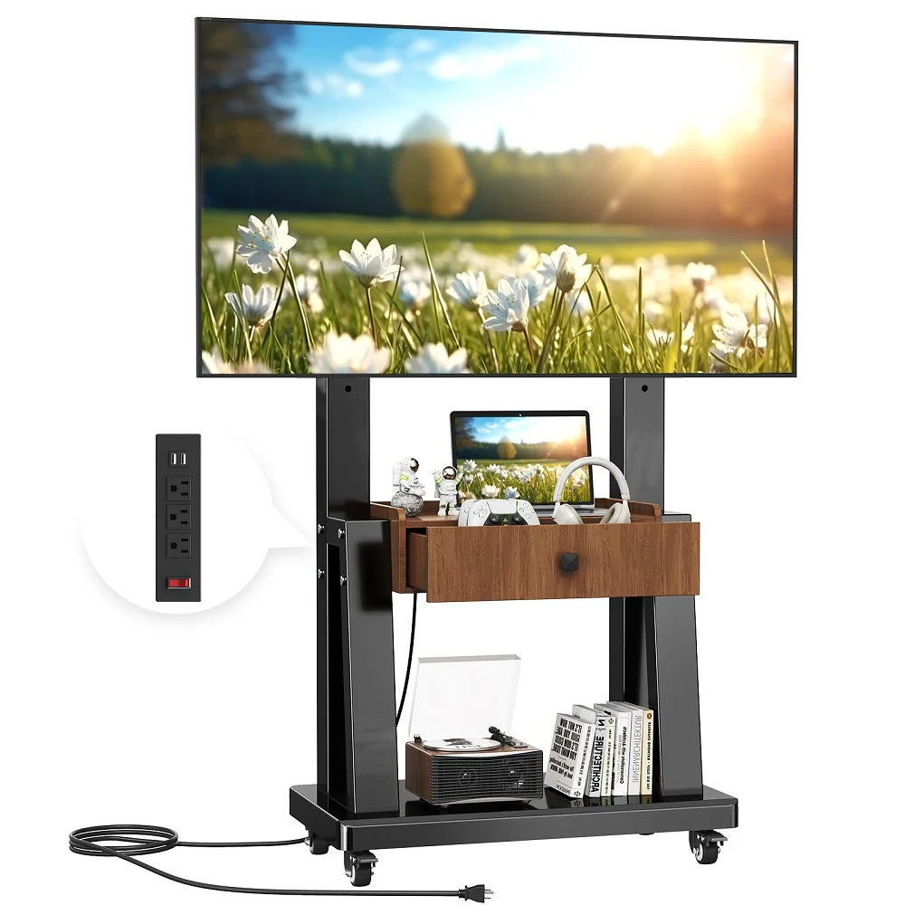 100kg Load Capacity Heavy Duty Mobile TV Cart Adjustable Rolling  Floor Stand with Drawer for 32-86 Inch TVs Office School