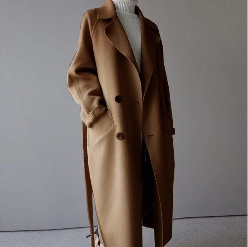 Winter Women's Beige Elegant Wool Blended Solid Color Korean Long Coat Retro Fashion Black Simple Wool Camel Oversized Coat