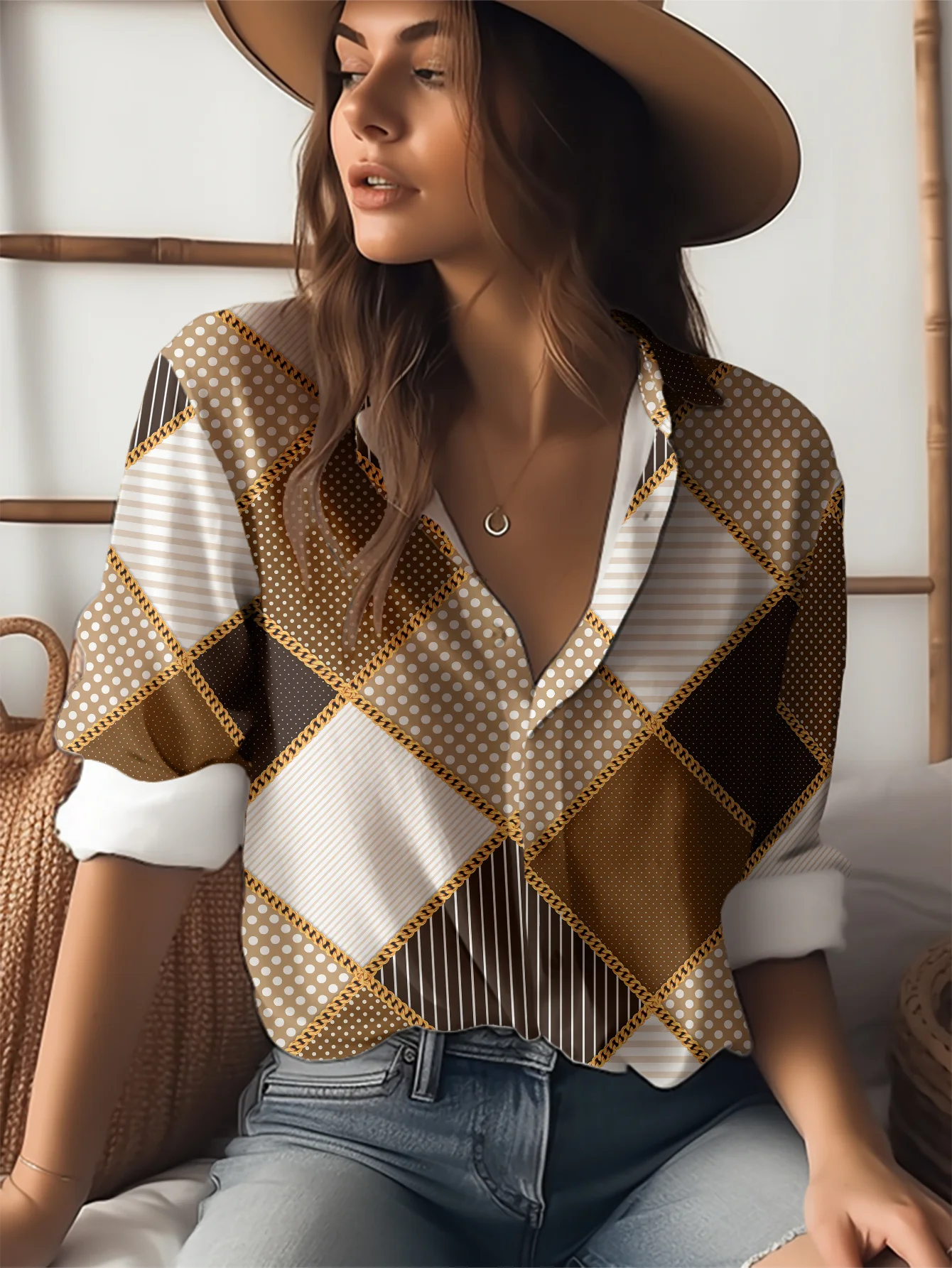 

Женская рубашка в ленивом стиле с 3D геометрическим клетчатым рисунком, весенне-осенняя свободная верхняя одежда с длинными рукавами, топ из полиэстера