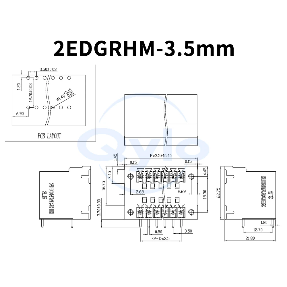 (1 pcs) KF 2EDGRHM - 3.5mm pluggable terminal block, double-layer with lug flange 2~16P angled female connector 15EDGRHM 3.5