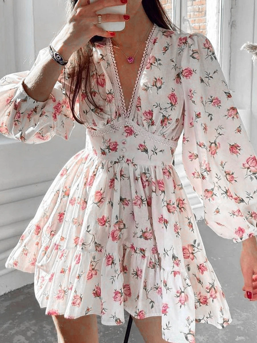 Women Elegant Summer Dress Long Sleeve Floral Print Mini Dress Deep V Ruffle A-Line Fairy Flowy Swing Mini Dress