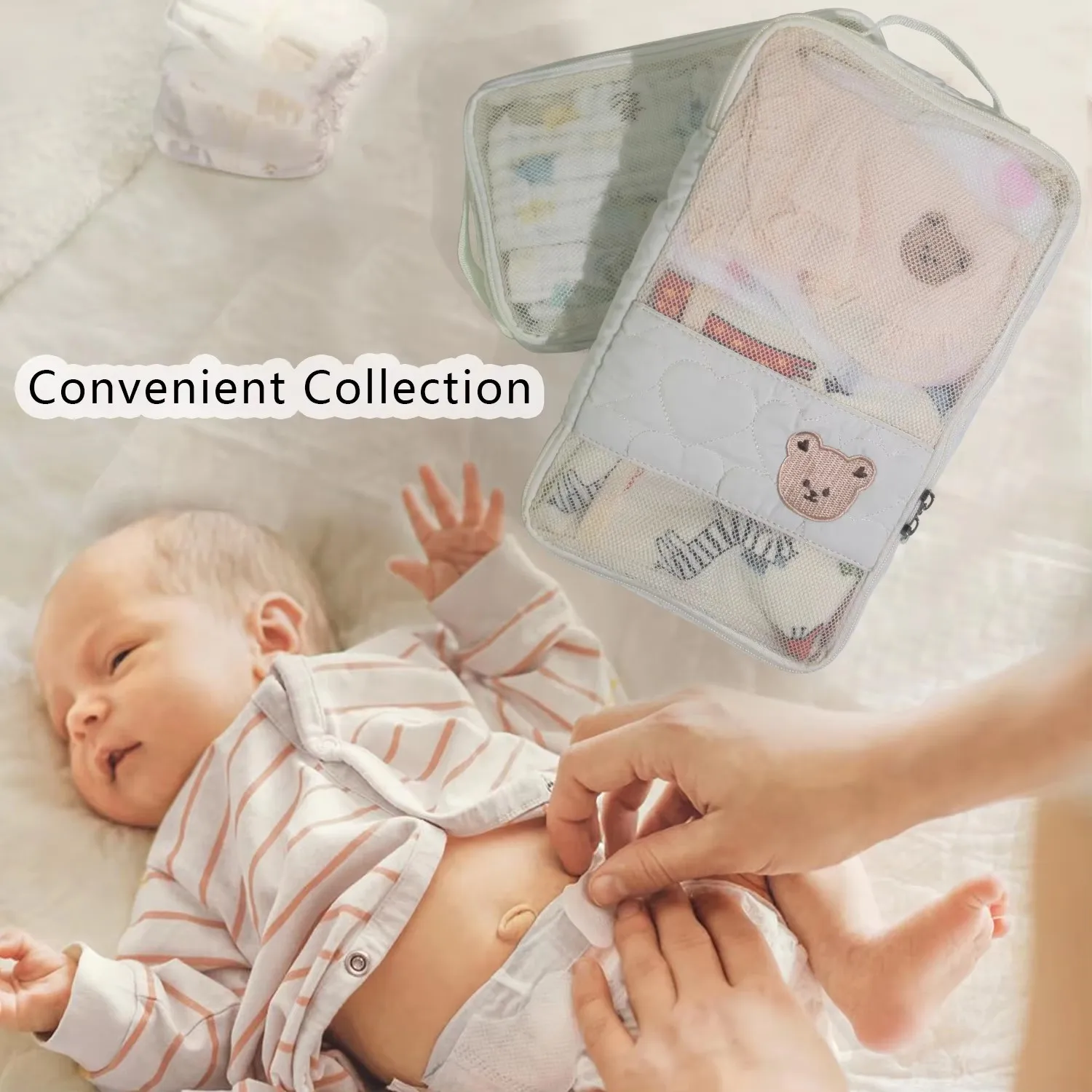 Fotografia 3: Saco de fraldas de bebê portátil à prova dwaterproof água itens do bebê organizador zíper viagem saco de mamãe fraldas fraldas caddy armazenamento itens essenciais do bebê
