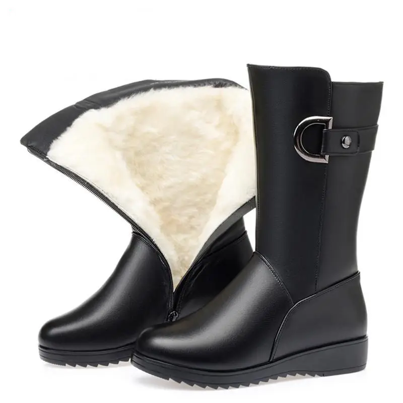 Botas de couro genuínas planas antiderrapantes para mulheres, salto alto, forrado de lã, longo, quente, sapatos de neve, moda feminina, inverno, 2023