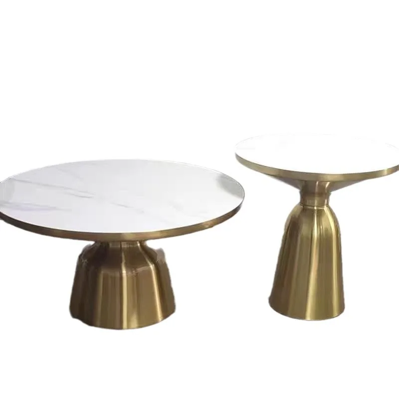 Stone pattern round coffee table combination sofa side table high and low small tea table restaurant stainless steel light