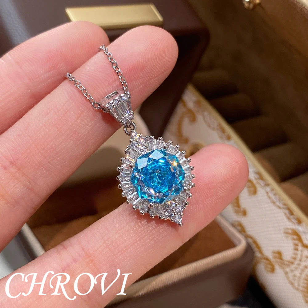 Exquisite 925 sterling silver millennium rose ice sea blue pendant necklace for women, fashionable diamond collar chain