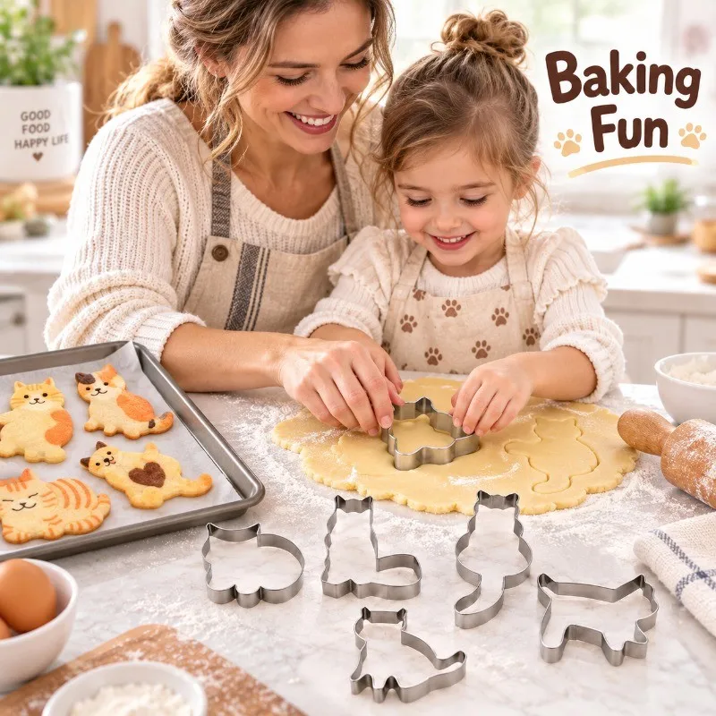 5pcs Stainless Steel Kitten Shaped Home DIY Biscuit Cutter Mould Cookie Press Bake Kit Baking Accessory
