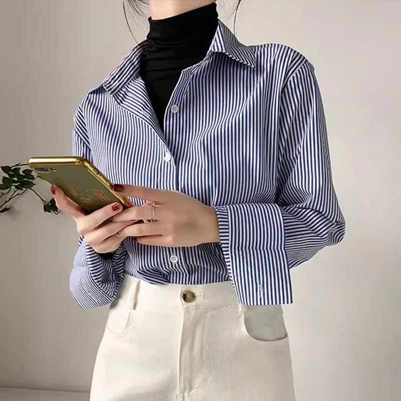 

2025 Lady Long Lantern Sleeve Stand Collar Loose Blusas Tops Classic Striped Woman Spring Autumn Blouses Shirt