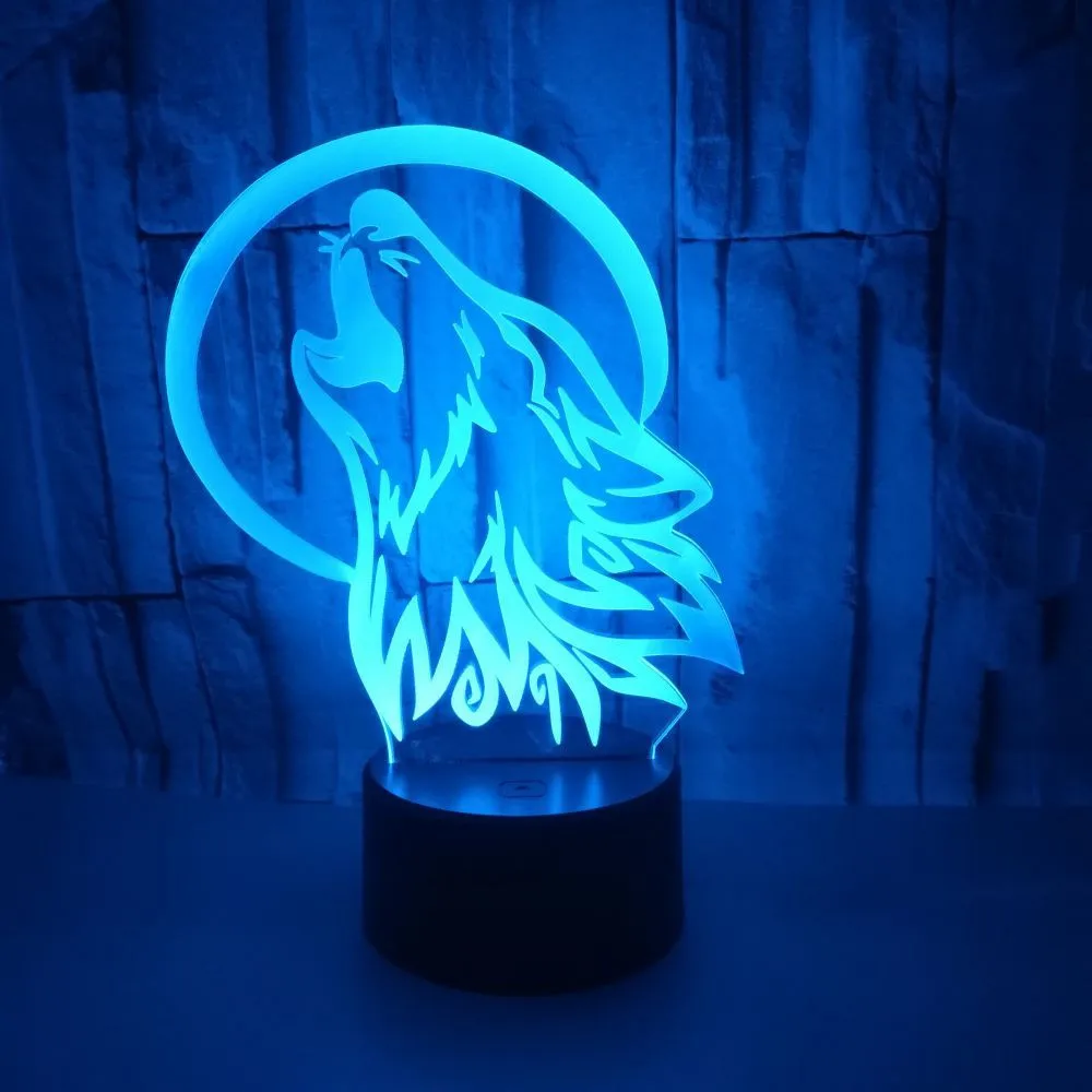 3D LED Lamp Wolf Head Bedtime Illusion Touch Lamp Night Light Dimmable 7 Colors Wolf Light Kids Bedside Lamp