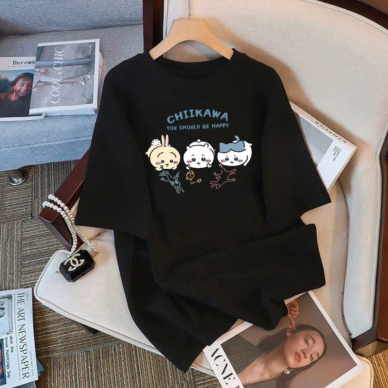 Chiikawa Cartoon Print 100% Cotton Short Sleeve Round Neck Women's T-shirt Trendy Summer Cute Loose Fashion Women's T-shirt