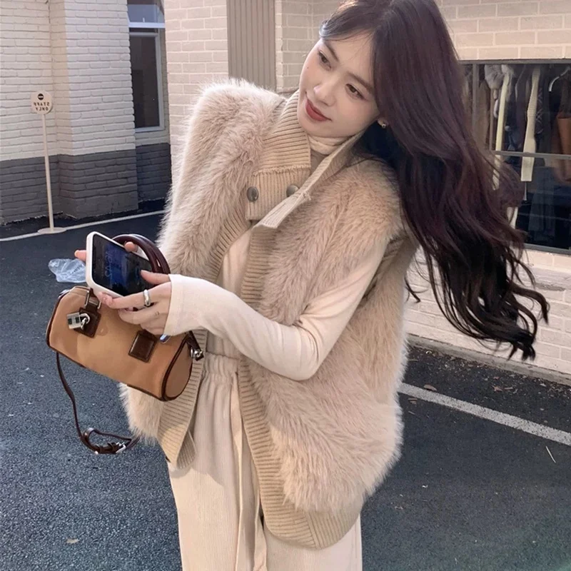New Autumn Winter Casual Loose Warm Plush Tank Women Stand Collar Knitted Vest Jacket Female Short Sleeveless Sweater Waistcoat