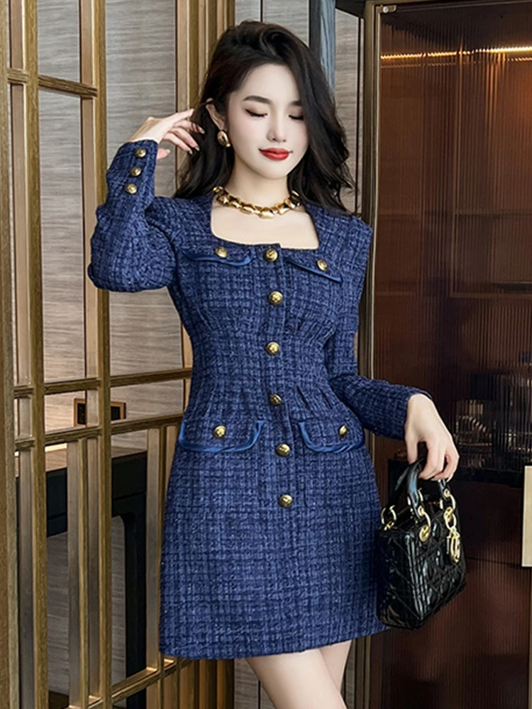 Fashion Ladies Vintage Tweed Short Dress Women Bright Silk Commute Formal Square Collar Slim Mini Mujer Vestidos Street Clothes
