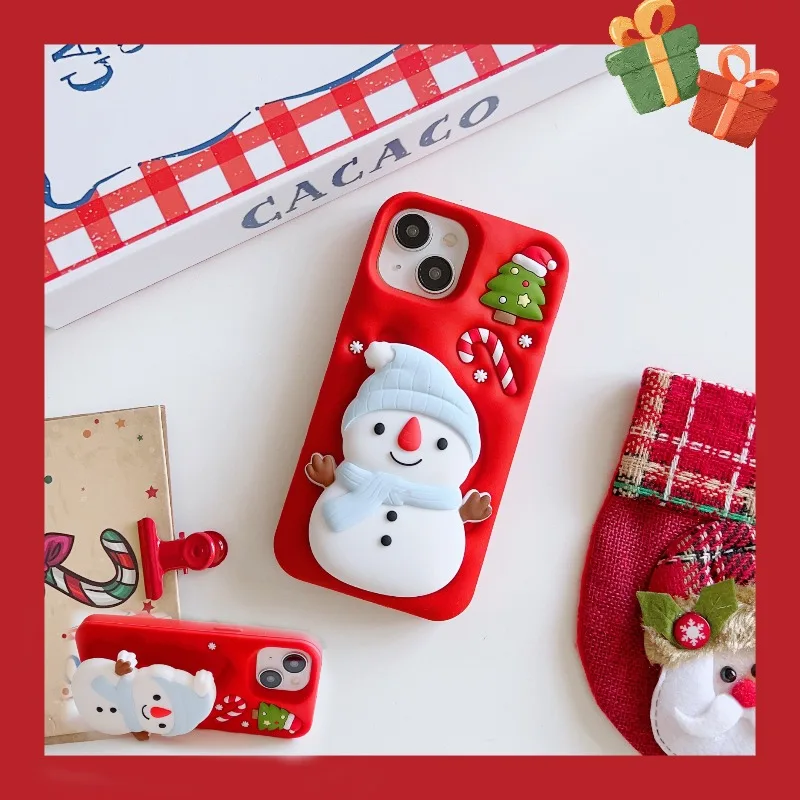 

For iPhone 17 Pro Max 16 Pro 15 14 13 Cute 3D Cartoon Christmas Snow Man Apple Telescopic Bracket Case Soft Silicone Phone Cover