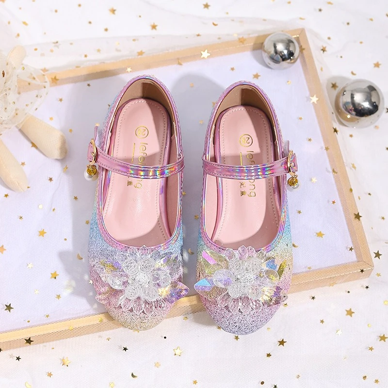 Children's Leather Shoes Chic Princess Style Girl's High Heel Shoes Catwalk Wedding Party Versatile Kids Sequins Dress Shoes