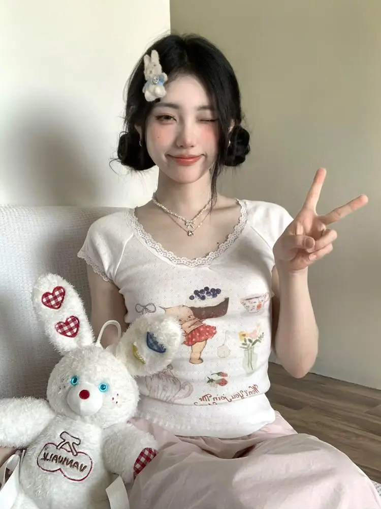 

Deeptown Kawaii Cartoon T-shirts Women Sweet Coquette Lace Short Sleeve Tees Cutecore Summer Slim Up Graphic T-Shirts Street