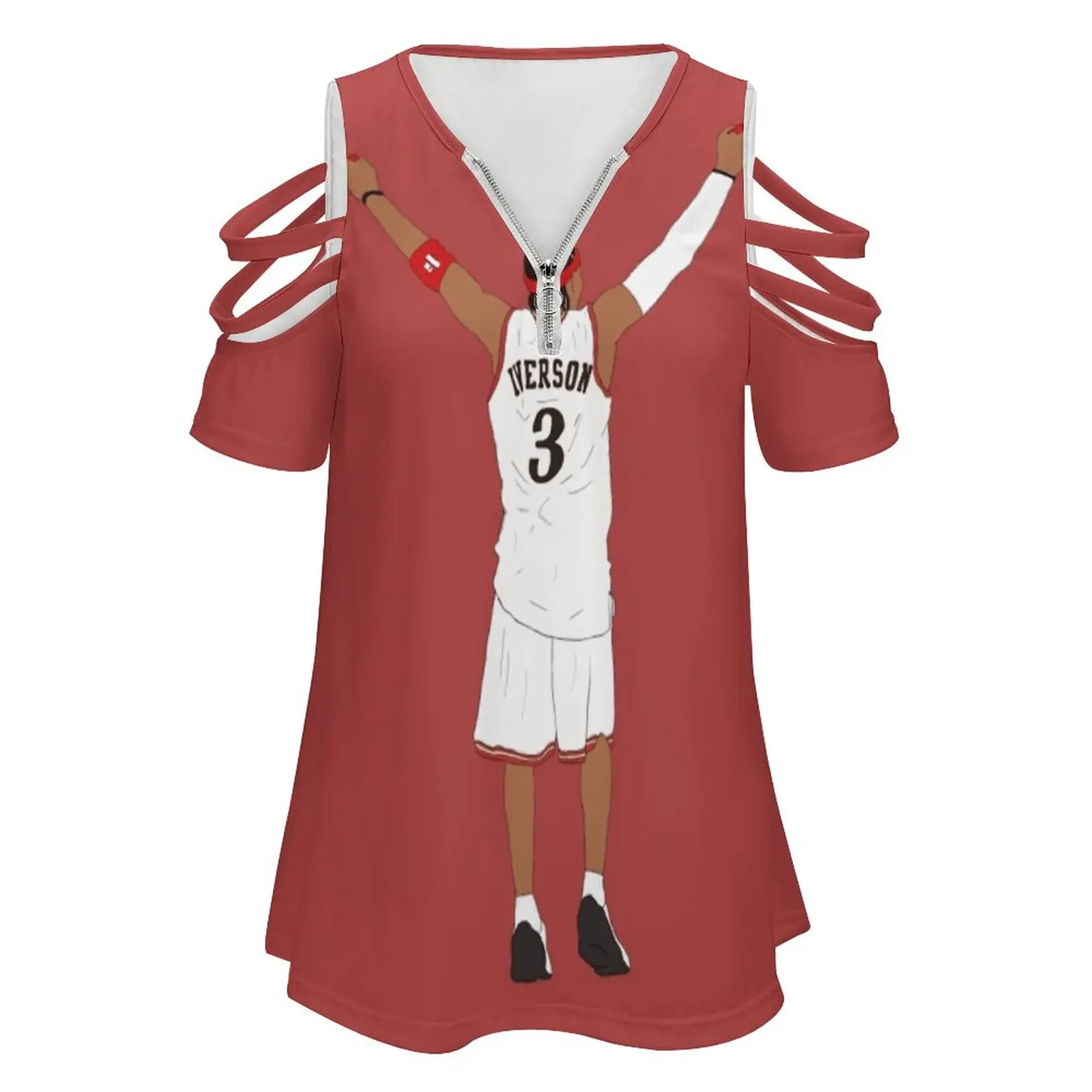 Allen Iverson Back-To New Fashion Zip Off Shoulder Top Short-Sleeve Women Shirt Allen Iverson Ai The Answer Practice We Talkin