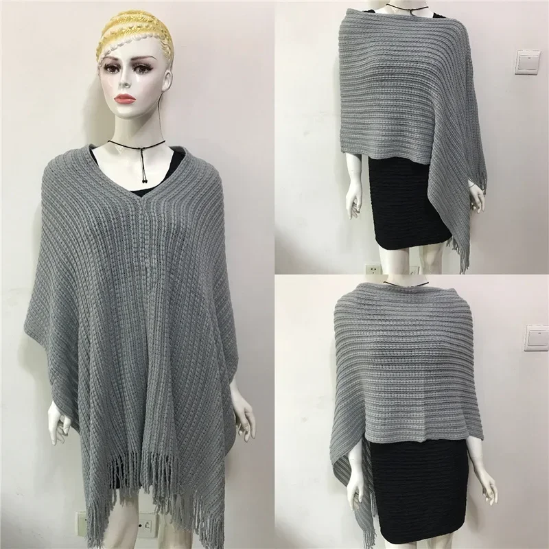 2025 ฤดูใบไม้ผลิฤดูใบไม้ร่วงเสื้อกันหนาวเสื้อถักเรขาคณิต Splicing หลวม Poncho Cape ผู้หญิงเสื้อเสื้อคลุมผ้าคลุมไหล่ครีมกันแดดผ้าคลุมไหล่สีม่วง