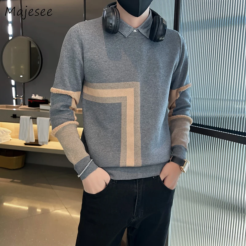 

Pullovers Men Two Fake Pieces Autumn Winter Casual Loose Knitwear Stylish Gentle Design Slim Hipster Youthful Vitality Chic New