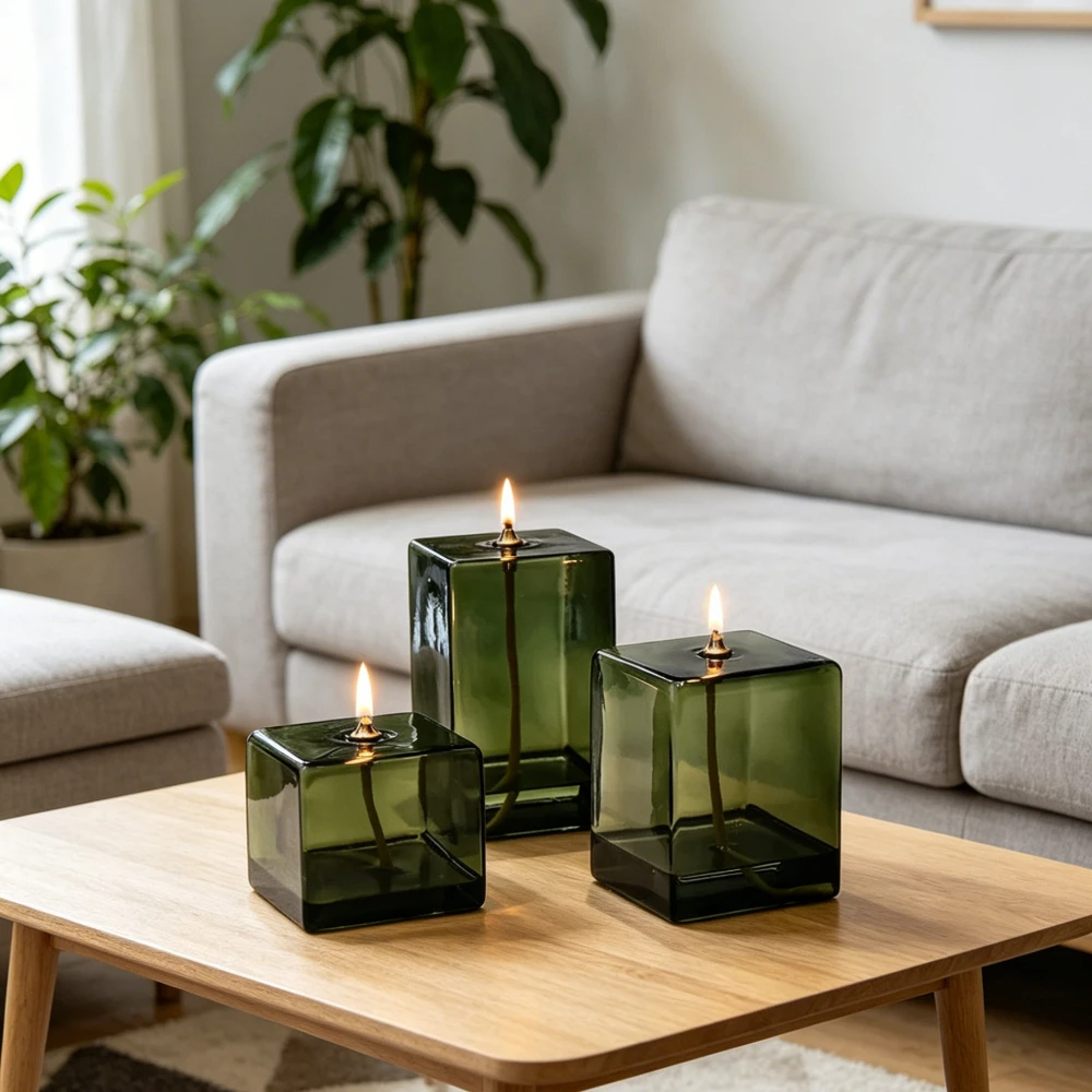 European Glass Candle Holder Creative Smokeless Oil Lamp Green Color Square Candle Holder Home Desktop Decoration Gift