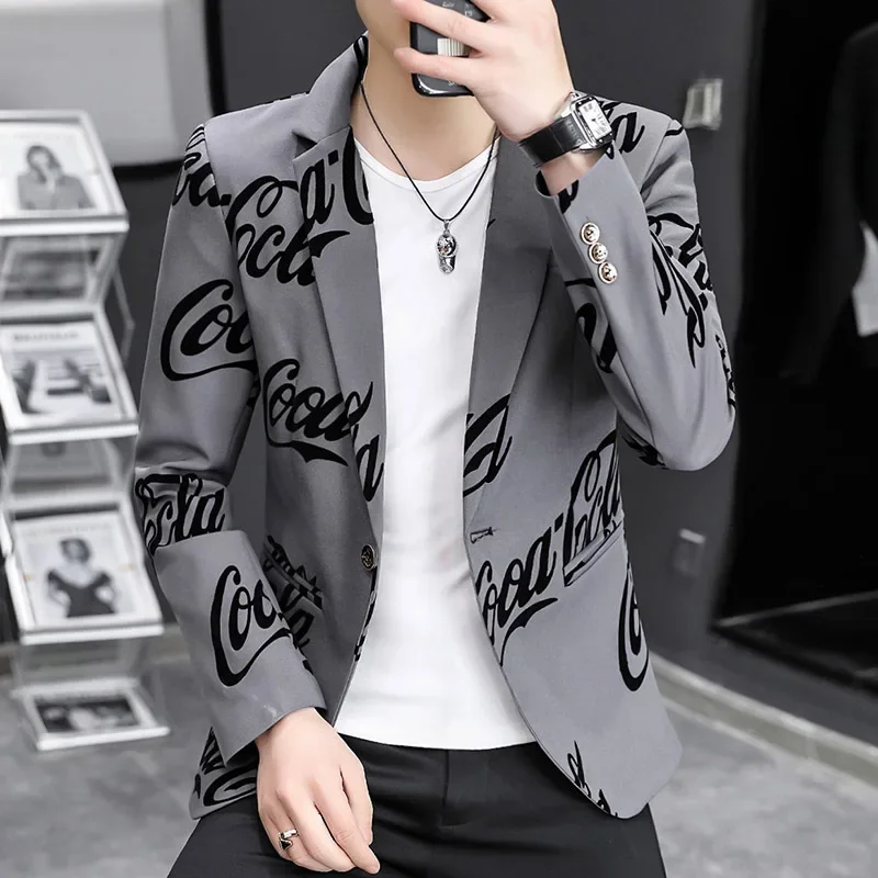 

Men Blazer Suit Jacket High Quality Letter Printing Blazer Slim Fit Korean Trend Fashion Autumn New Streetwear Men Clothing