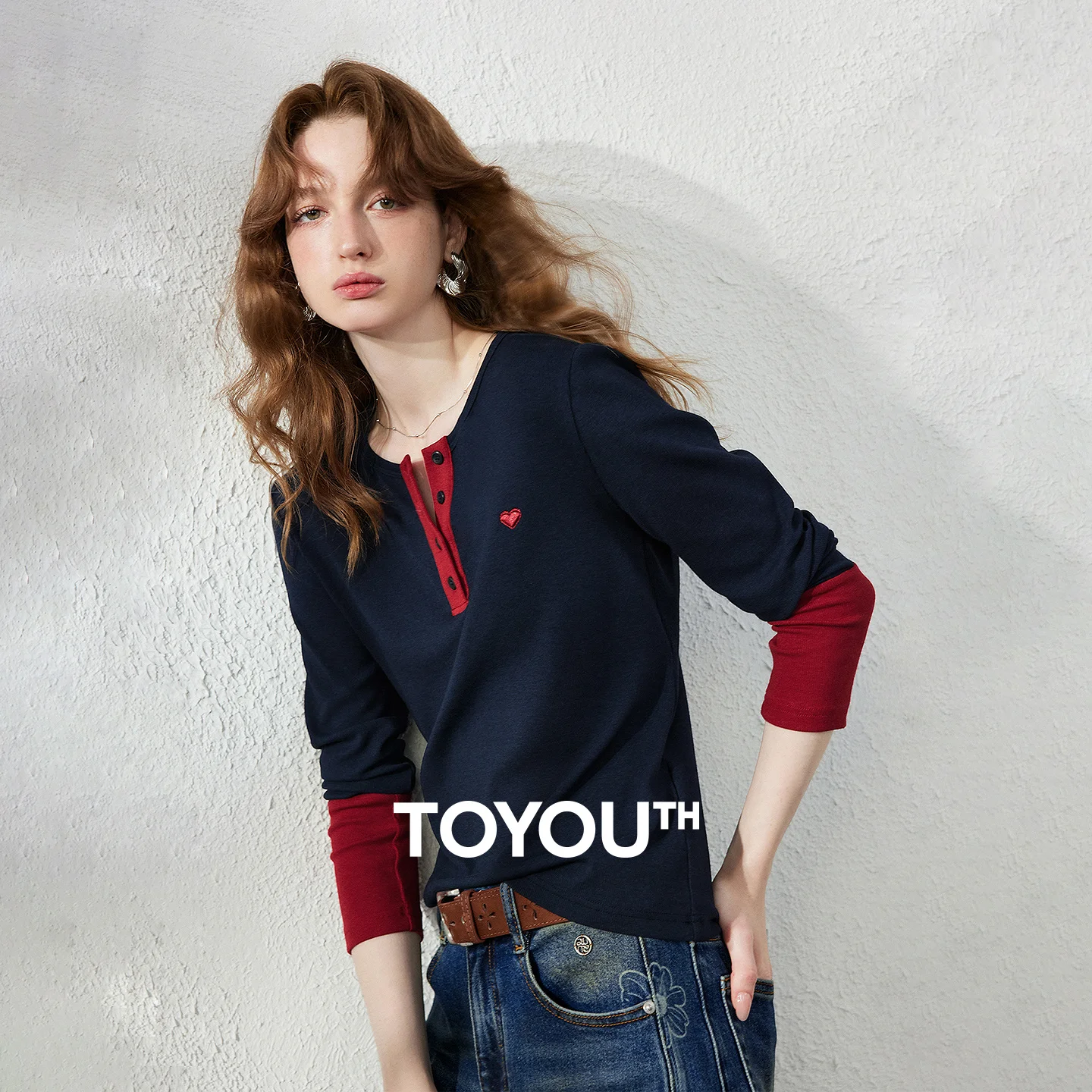 TOYOUTH Women's Henley T-Shirt Fall 2026 Soft Breathable Fiber Slim Fit Contrast Color Buttons Heart Embroidery Long Top