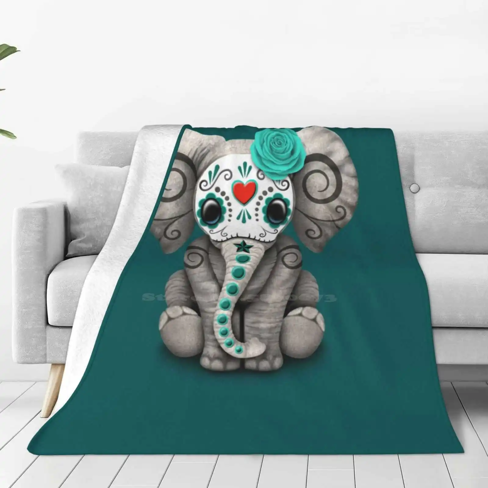 

Teal Blue Day Of The Dead Sugar Skull Baby Elephant Blanket Soft Warm Travel Portable Blanket Day Of The Dead Elephant Sugar