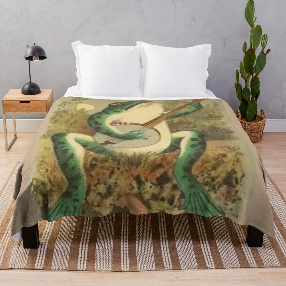 

Vintage Whimsical Frog Playing The Banjo In The Moonlight, Ribbit. Fun Frog Apparel and Decor Throw Blanket WarmBlanket