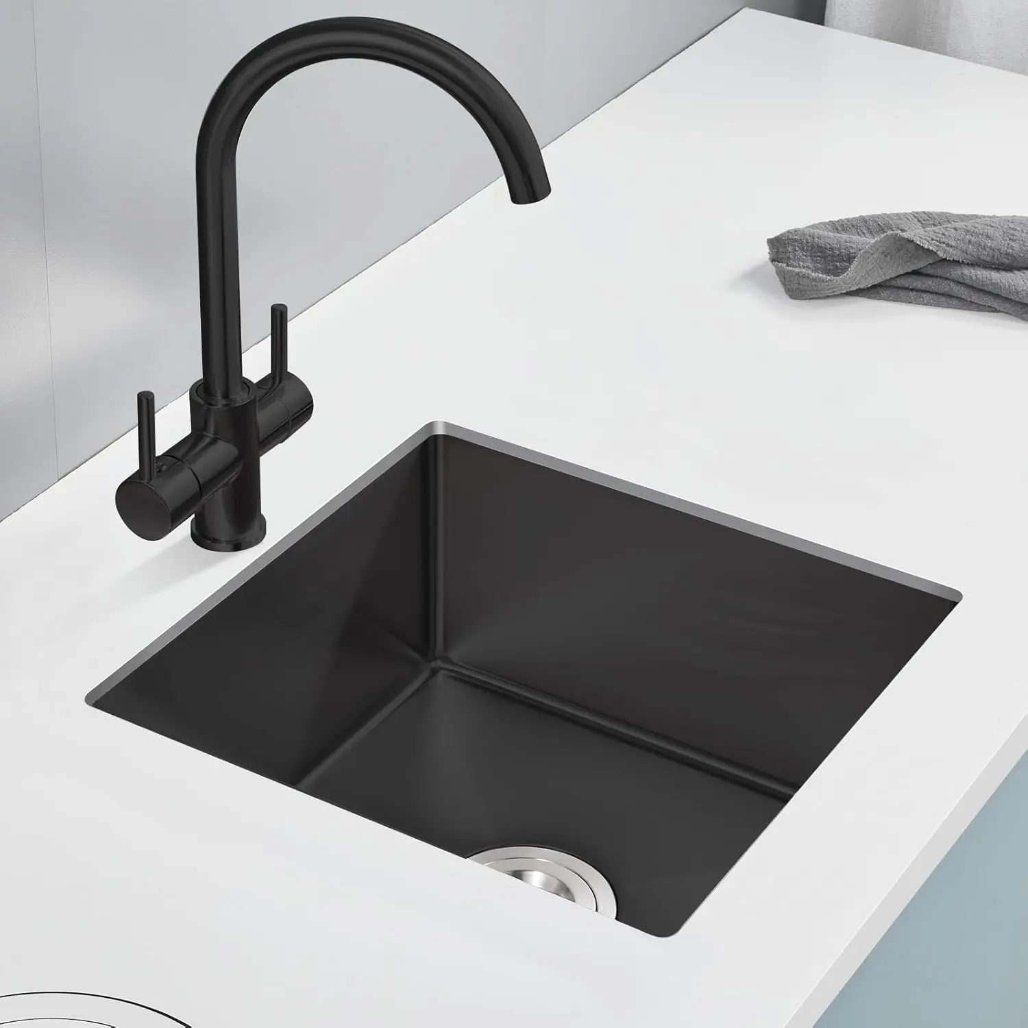 ROVATE 18×18 Inch Undermount Kitchen Sink 304 Stainless Steel Single Bowl Bar or Prep Sink 18 Gauge 9 Inch Deep Small Sink Black