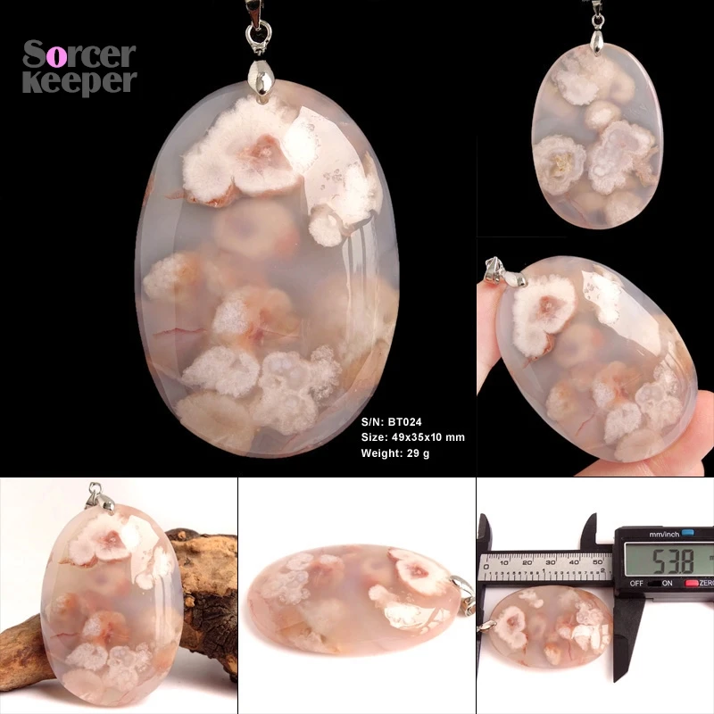 High Quality Pendentif Real Natural Cherry Blossoms Agate Gemstone Pendant Chains Necklace For Women Men Jewelry Making BF585