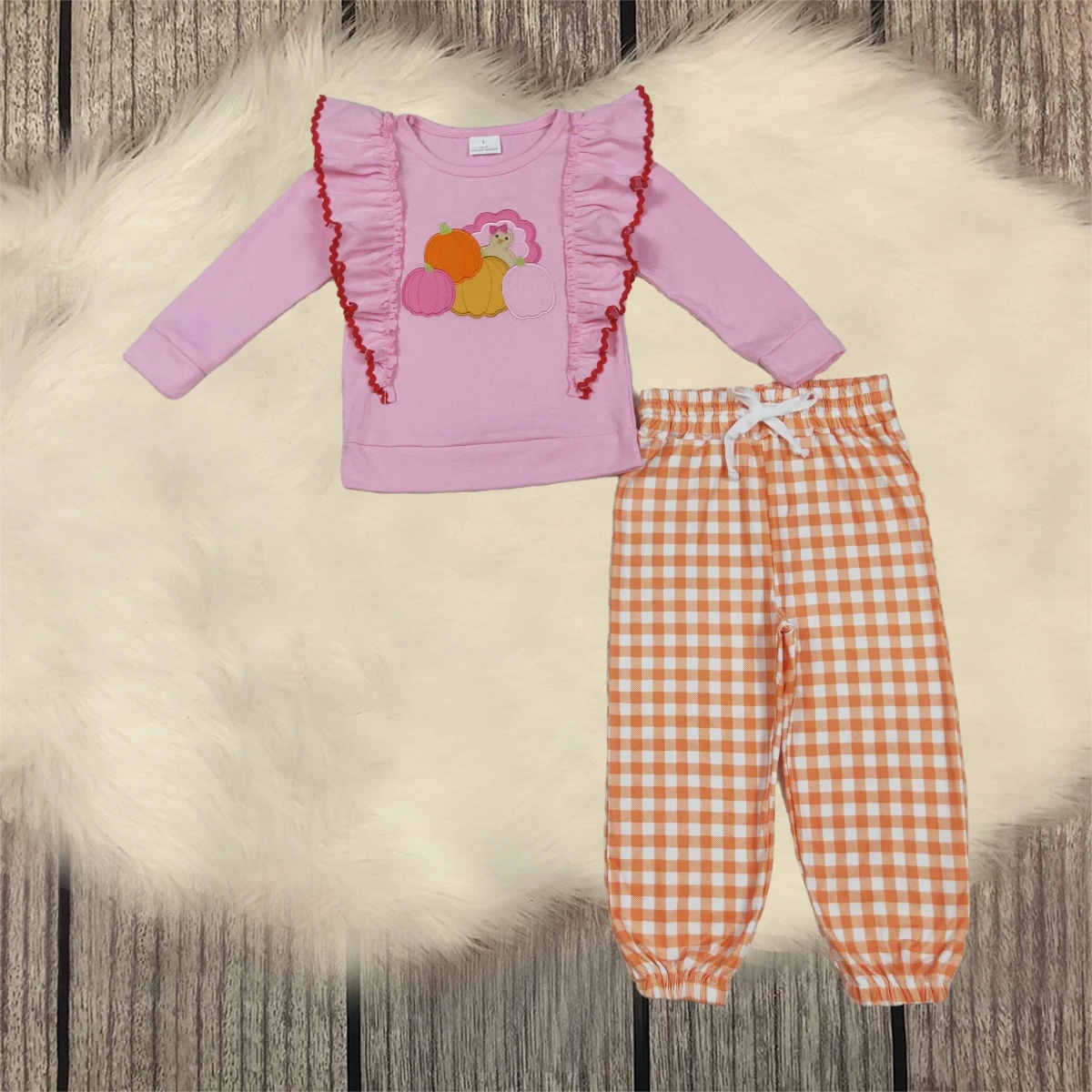 

Toddler Baby Kids Embroidery Thanksgiving Set Long Sleeve Pumpkins turkey Plaid Pants Children Outfit Girl Clothes Wholesale