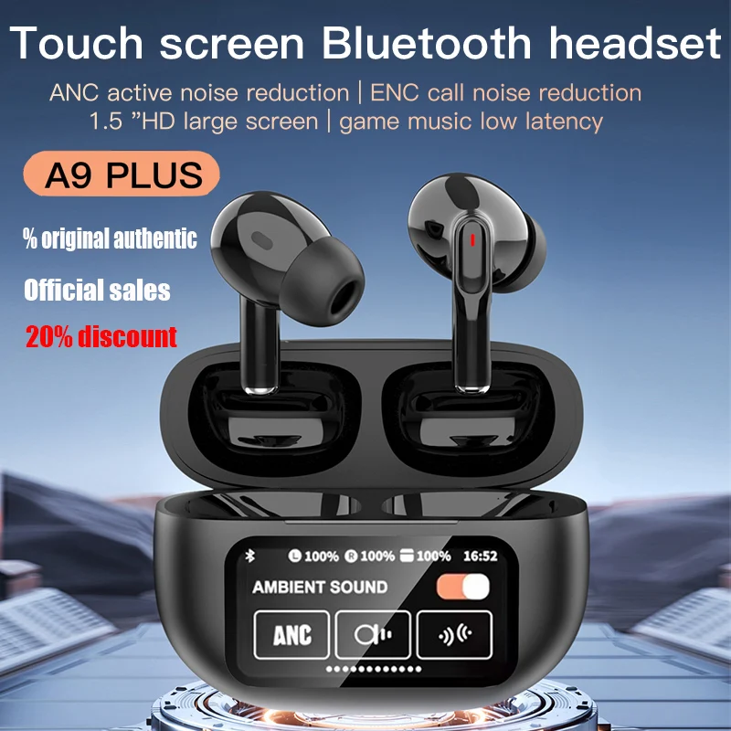 2025 New AIR Bluetooth 5.4 ENC ANC Noise Reduction Wireless Earphone A9PLUS Earphone Data Display Color Screen Microphone earpho