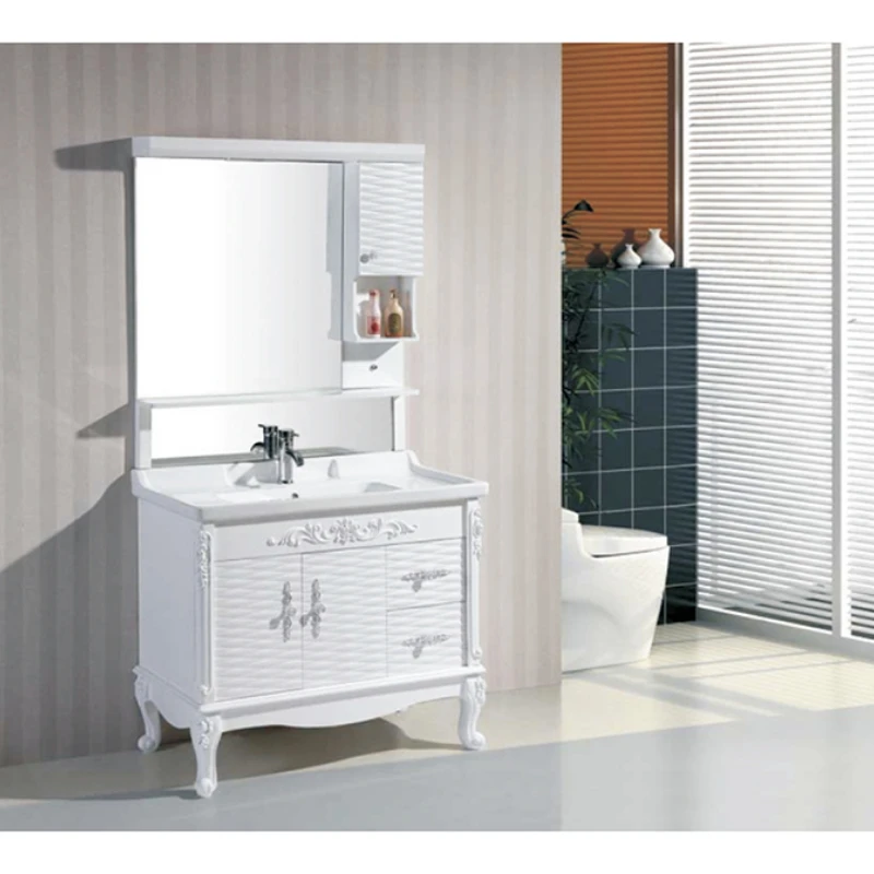 

Factory Direct Sales Modern Furniture Mirror White Dressing Table PVC Bathroom Cabinet with Wash Basin