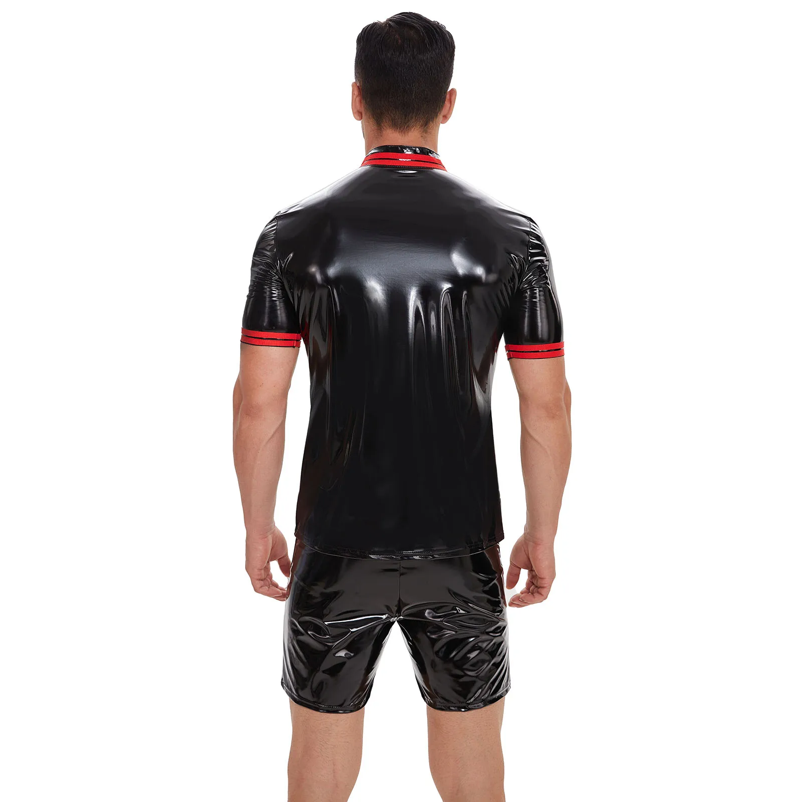 S-7XL grande taille Hommes Wetlook PVC Polo en cuir Manches courtes Col montant T-shirt en cuir saillant Casual Streetwear Tees