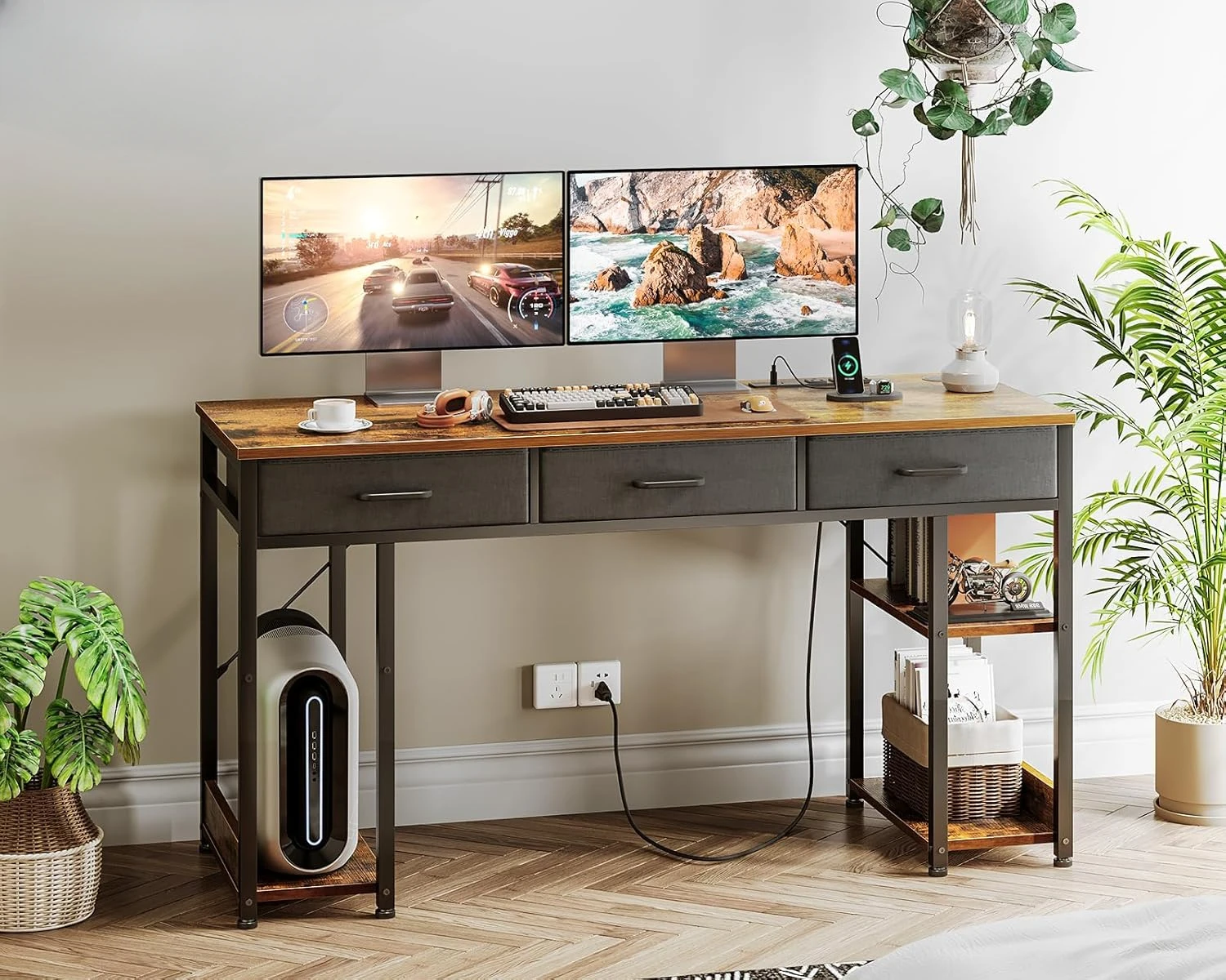 Office Desk with Fabric Drawers & Power Outlets, Computer Desk with Storage Shelves & CPU Stand, Study Table, Writing Desk