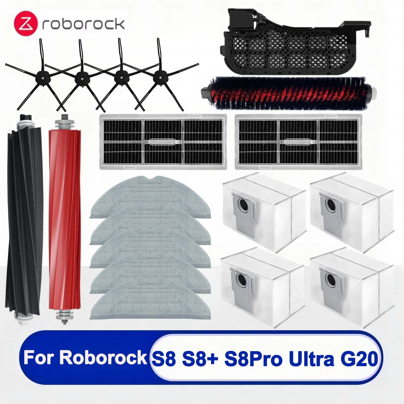 Fro Roborock S8，S8+，S8Pro Ultra，G20 Vacuum Cleaner Replacement Accessory：Main Side Brush，Mop Cloth，Hepa Filter，Dust Bag Optional