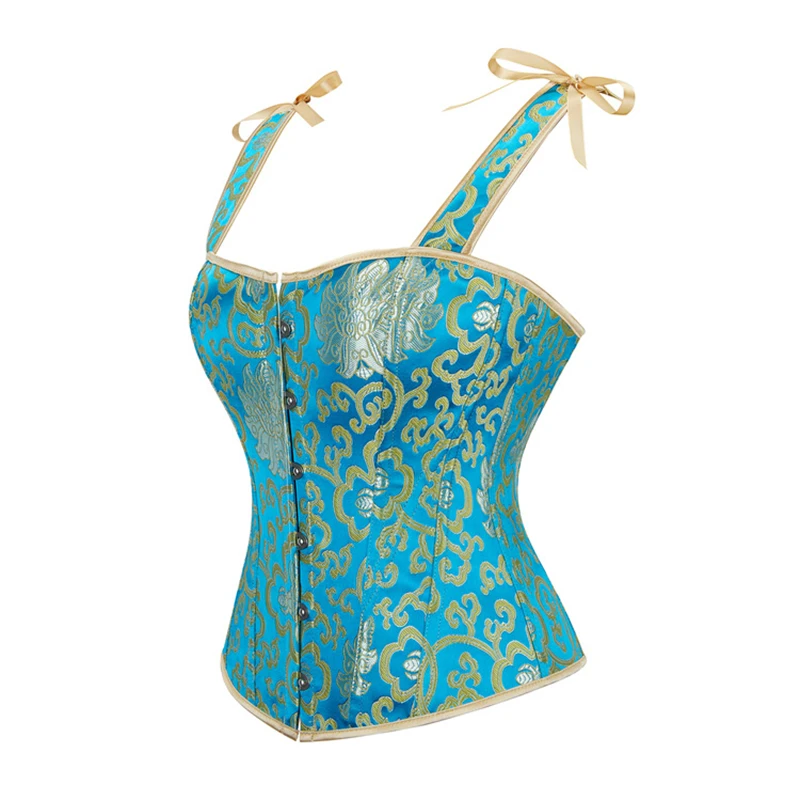 Women Spaghetti Strap Corset Crop Top Gothic Victorian Blue Lace-up Boned Bustier Vest Shapewear Slimming Waist Shaping Korset